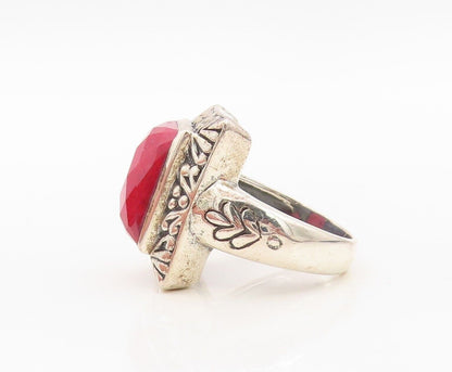 925 Sterling Silver Vintage Ring Floral Carved Frame Red Gemstone  Sz 8  RG30225