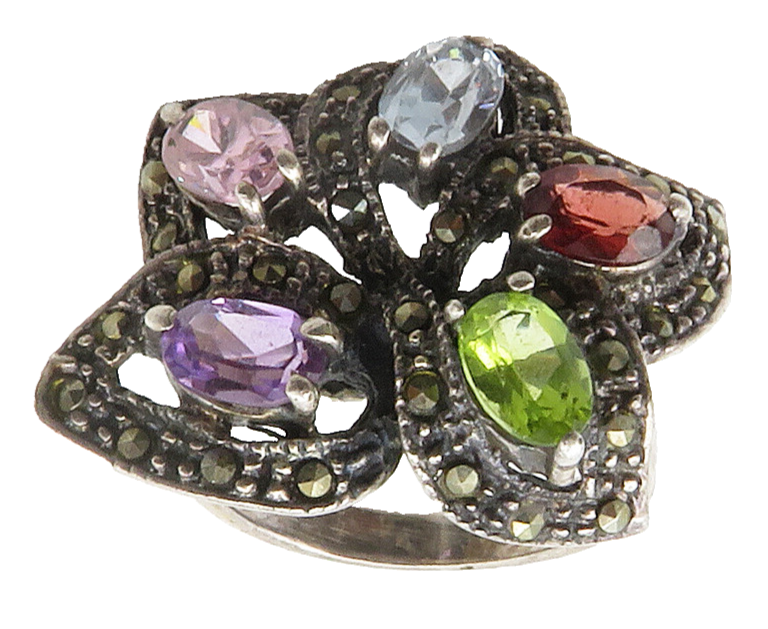 925 Silver Vintage Amethyst & Multi Stone Flower Cocktail Ring Sz 6 RG15121