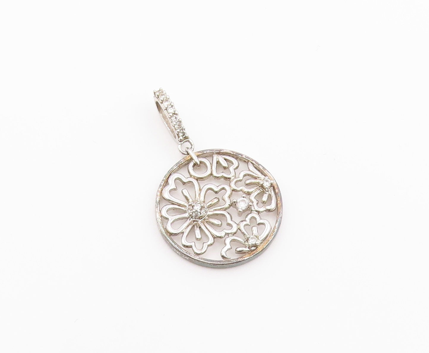 925 Sterling Silver  Vintage Flower Cutout Topaz Drop Pendant  PT20312