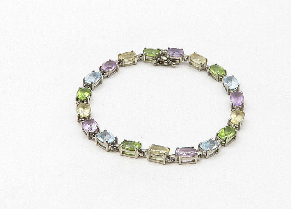 925 Sterling Silver  Vintage Peridot Topaz & Amethyst Chain Bracelet  BT8560