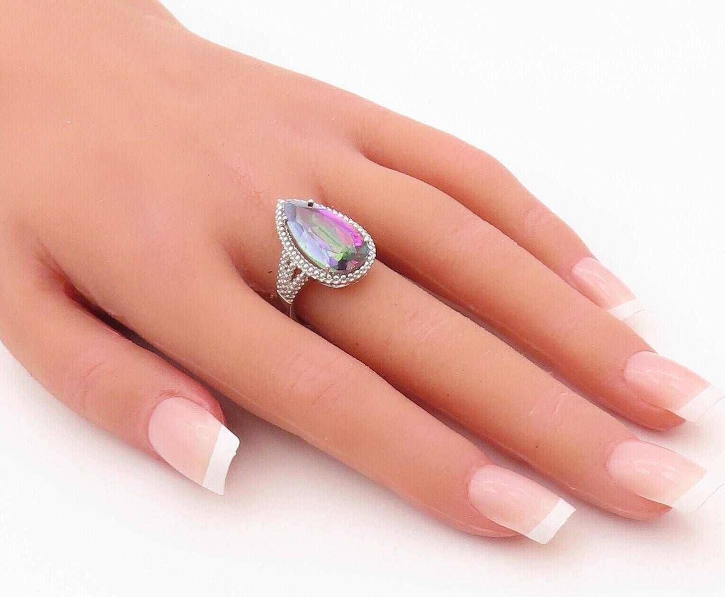 925 Sterling Silver Vintage Ring Drop Cut Mystic Topaz Carved  Sz 7.5  RG30014
