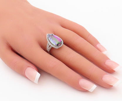 925 Sterling Silver Vintage Ring Drop Cut Mystic Topaz Carved  Sz 7.5  RG30014