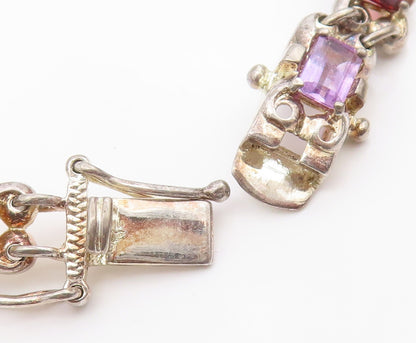 925 Sterling Silver Vintage Bracelet Elegant Multi Gemstone Link Chain  BT11691