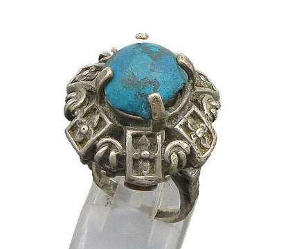 MIDDLE EAST 925 Silver  Vintage Tribal Pattern Turquoise Ring Sz 5  RG24674