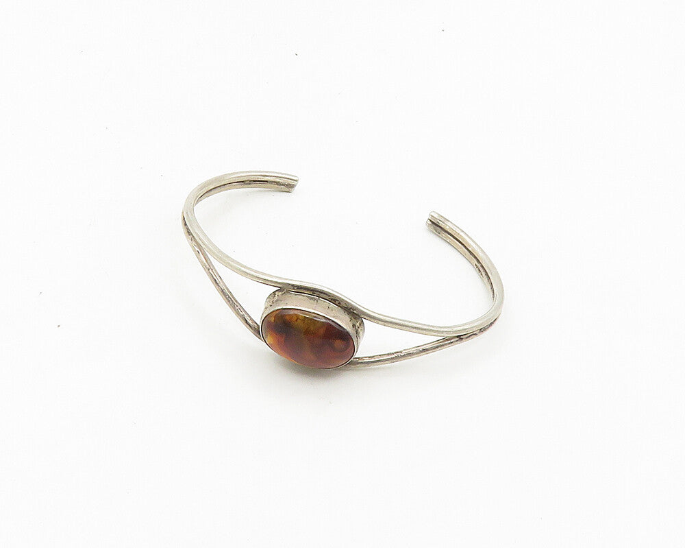925 Sterling Silver  Vintage Cabochon Cut Amber Split Cuff Bracelet  BT7437