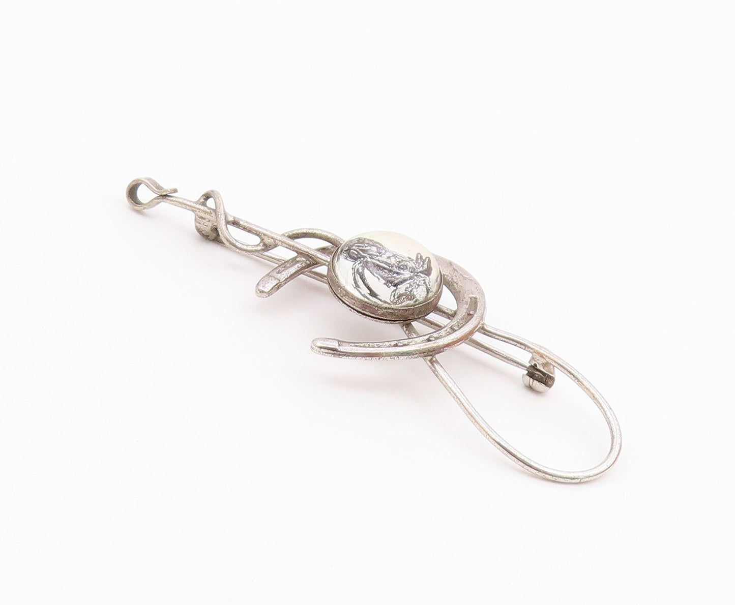 925 Sterling Silver  Vintage Horseshoe & Whip Good Luck Brooch Pin  BP9217