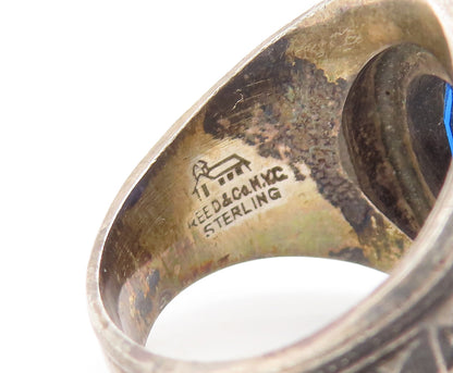 REED & CO. 925 Silver  Vintage Carved Sapphire 1980 School Ring Sz 8  RG27517