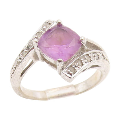 925 Sterling Silver Vintage Ring Real Diamonds & Amethyst Bypass  Sz 6  RG34874