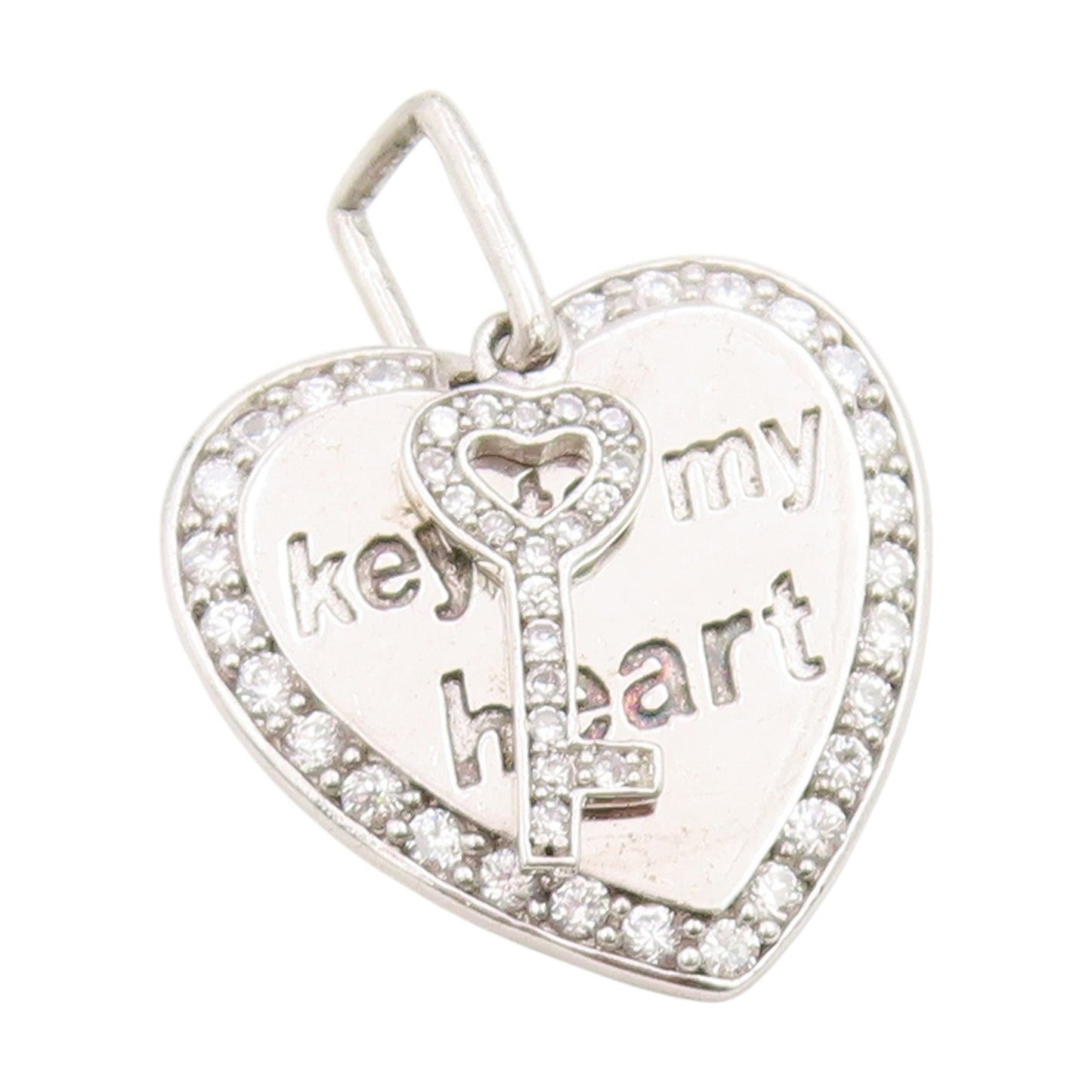 925 Sterling Silver Vintage Pendant Round CZ Engraved Key To Me Heart   PT25484