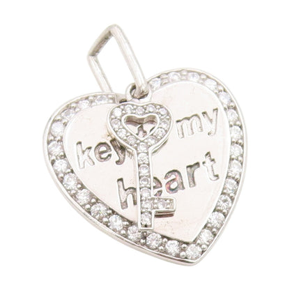 925 Sterling Silver Vintage Pendant Round CZ Engraved Key To Me Heart   PT25484