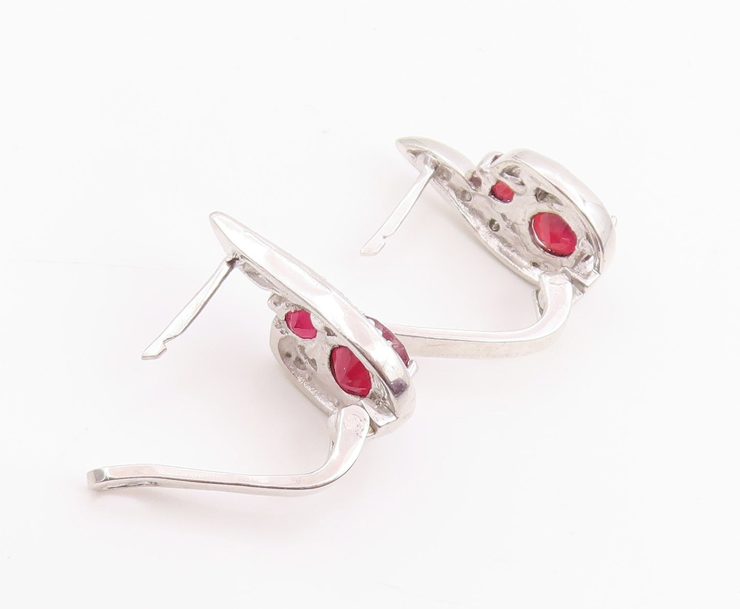 925 Sterling Silver Vintage Earrings Real Diamonds & Ruby Swirl Drop  EG14214