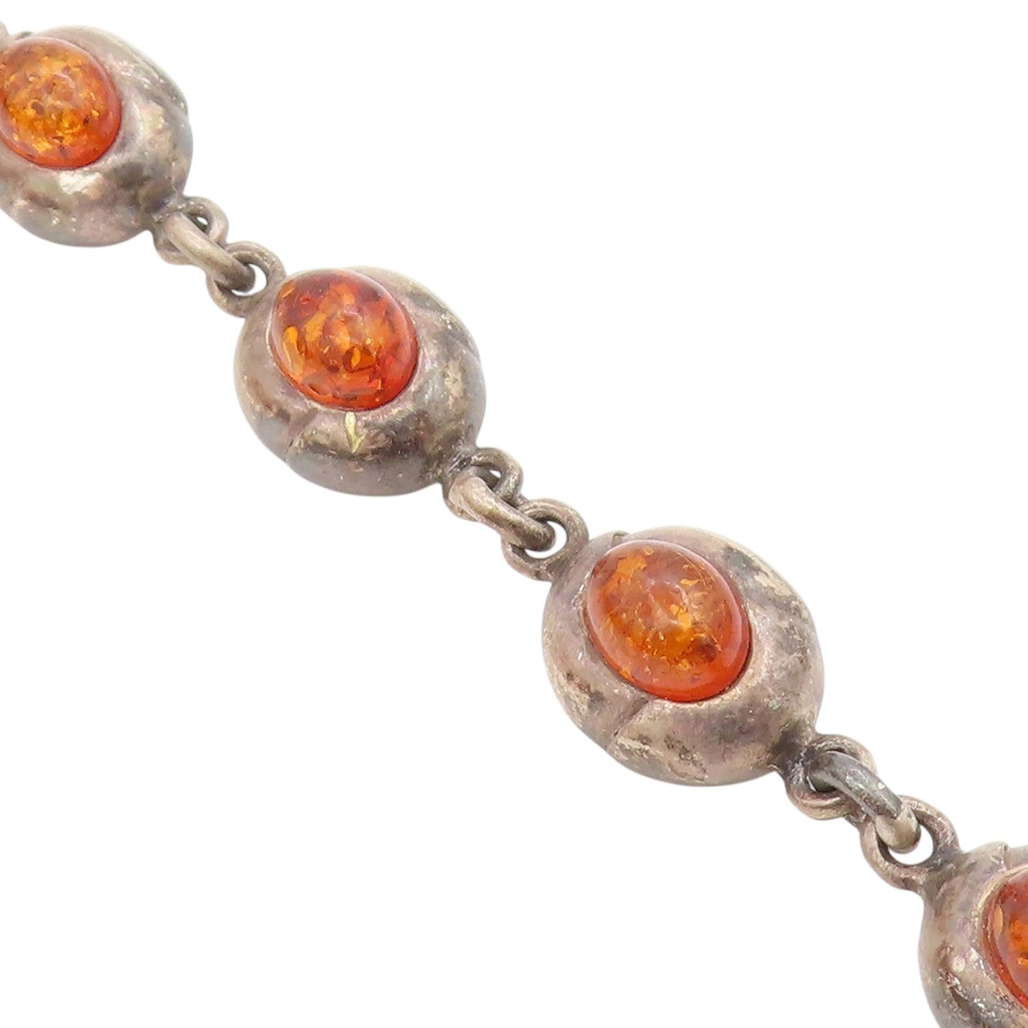 925 Sterling Silver Vintage Bracelet Cabochon Honey Amber Solid Link  BT11697