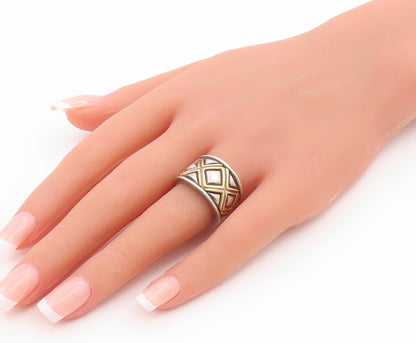 14k Gold & 925 Sterling Silver Vintage Ring Geometric Quilt Band Sz 6.5 RG35793