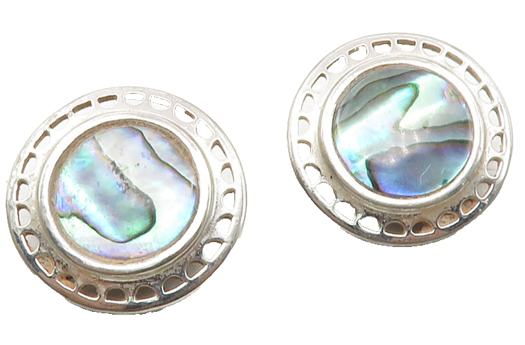 925 Sterling Silver  Vintage Abalone Shell Round Non Pierce Earrings  EG6363