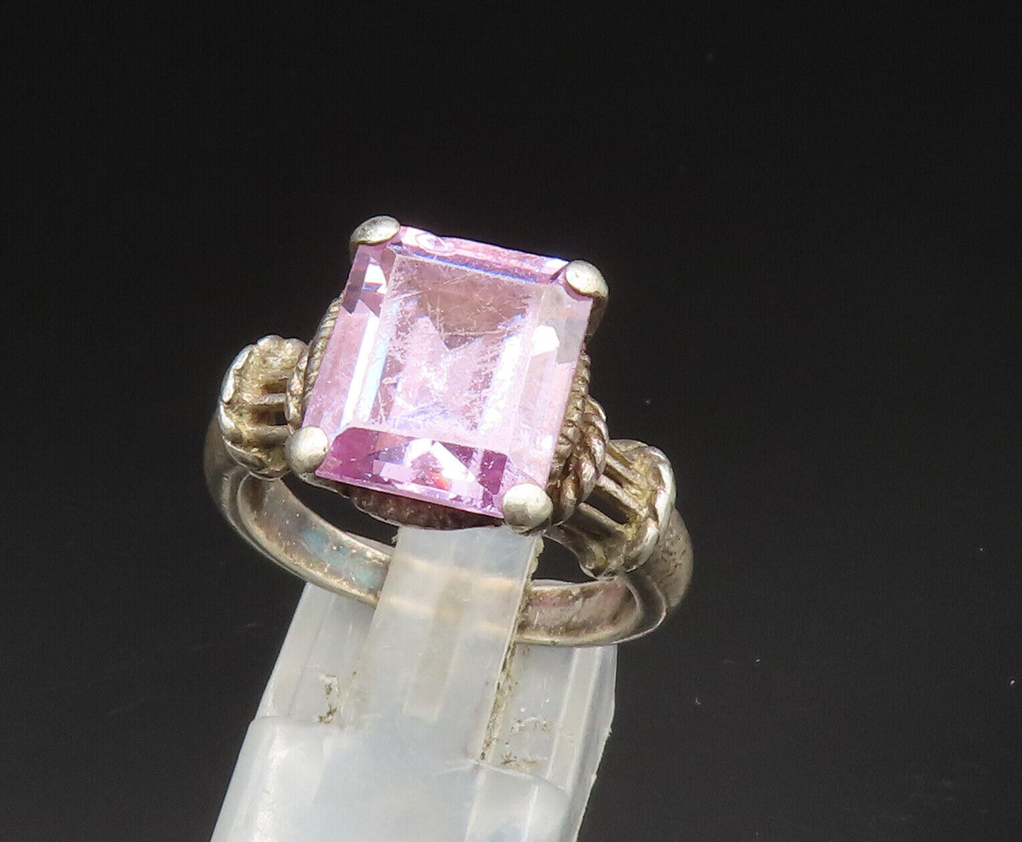 925 Sterling Silver  Vintage Square Gemstone Wrapped Rope Ring Sz 8  RG24590