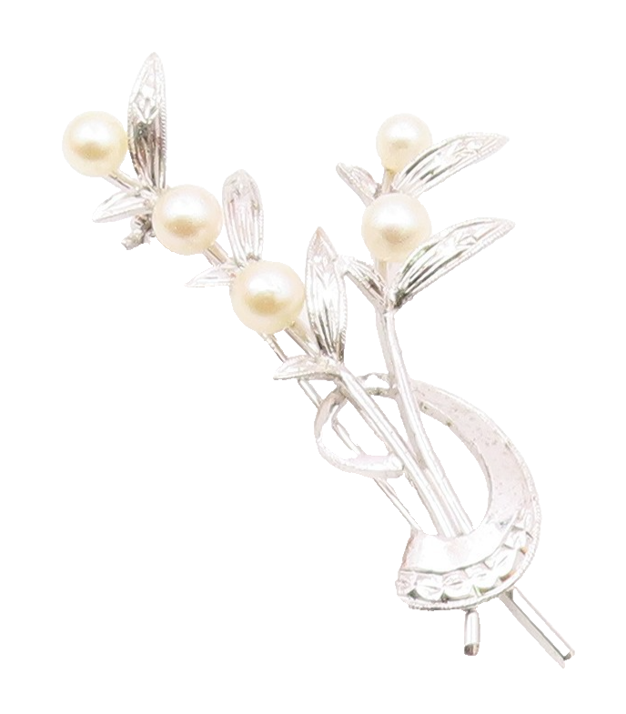 925 Sterling Silver  Vintage Cultured Pearls Leaf Stem Brooch Pin  BP9364