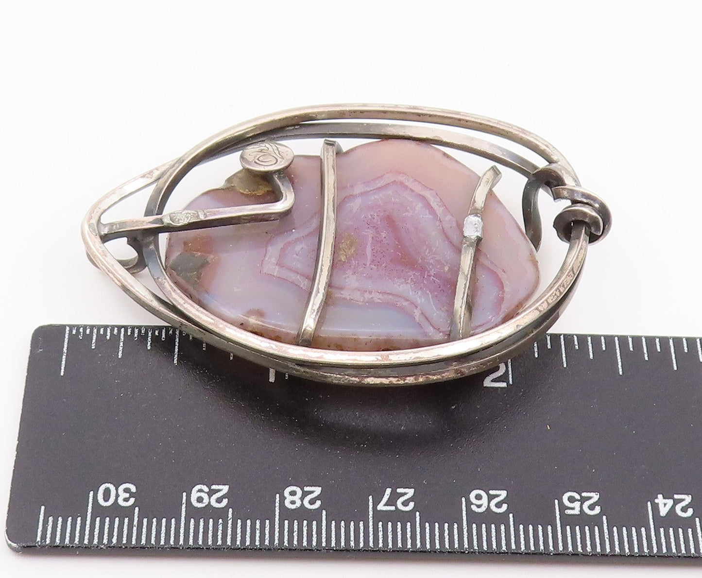 925 Sterling Silver Vintage Pendant ORB Banded Agate Wire Wrapped Locket PT26435