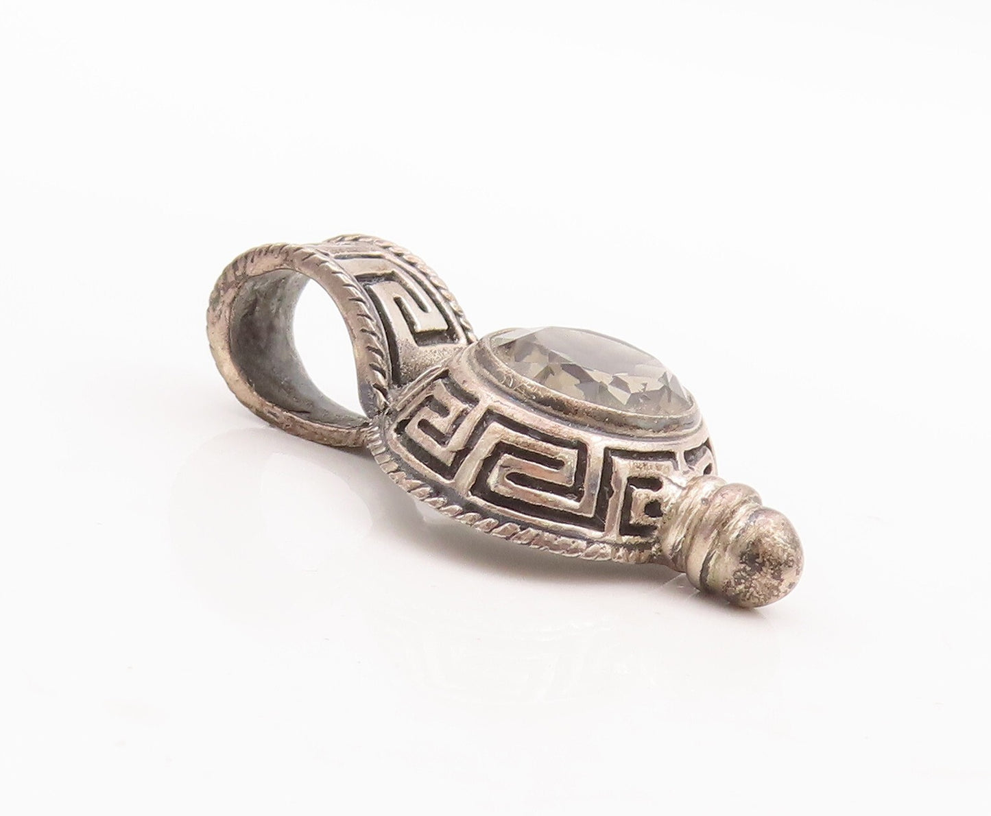 925 Sterling Silver Vintage Pendant Oval Cut Smokey Quartz Maze Carved  PT23401