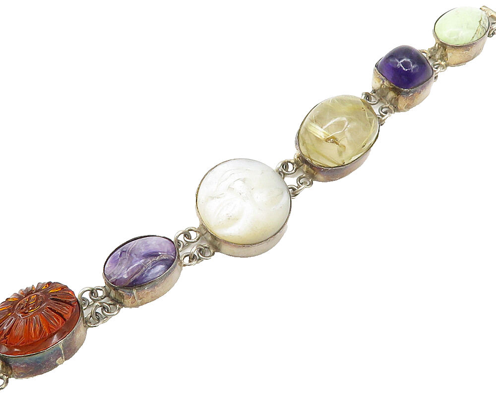 925 Silver Vintage Mother Of Pearl Quartz & Multi Stone Chain Bracelet BT6852