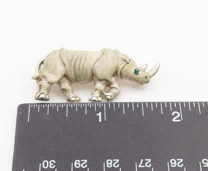 925 Sterling Silver Vintage Brooch Pin Emerald Eye Rhinoceros Figure  BP12638