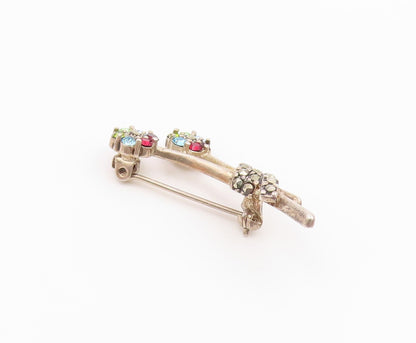 925 Silver  Vintage Beautiful Garnet & Multi Stone Flower Brooch Pin  BP9774