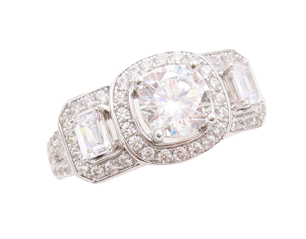 925 Sterling Silver Vintage Ring Round Rectangle Cut CZ Inlay  Sz 7 RG30643