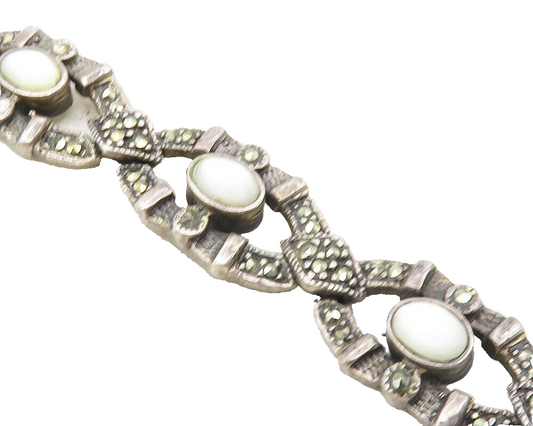 925 Sterling Silver  Vintage Mother Of Pearl & Marcasite Chain Bracelet BT4260