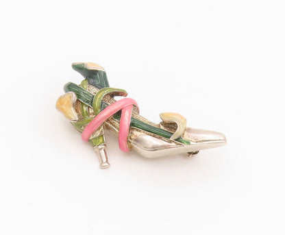 925 Sterling Silver Vintage Brooch Enamel High Heel Shoe With Vines Pin  BP12153
