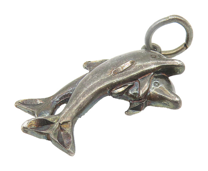 925 Sterling Silver  Vintage Petite Oxidized Leaping Dolphins Pendant  PT9113