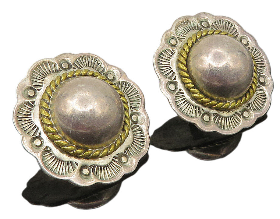 MEXICO 925 Sterling Silver  Vintage Two Tone Floral Dome Drop Earrings  EG5853