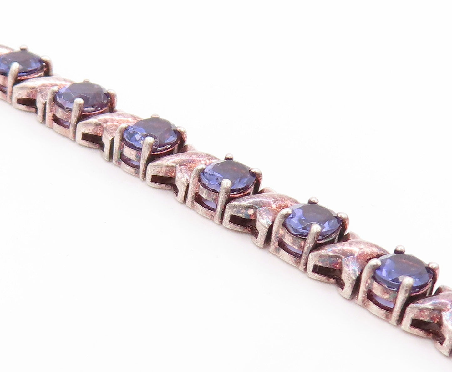 925 Sterling Silver Vintage Bracelet Oval Cut  Amethyst X Carved Links BT11254