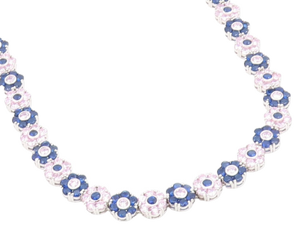 925 Sterling Silver Vintage Necklace Pink & Blue Topaz Floral Link Chain  NE4813