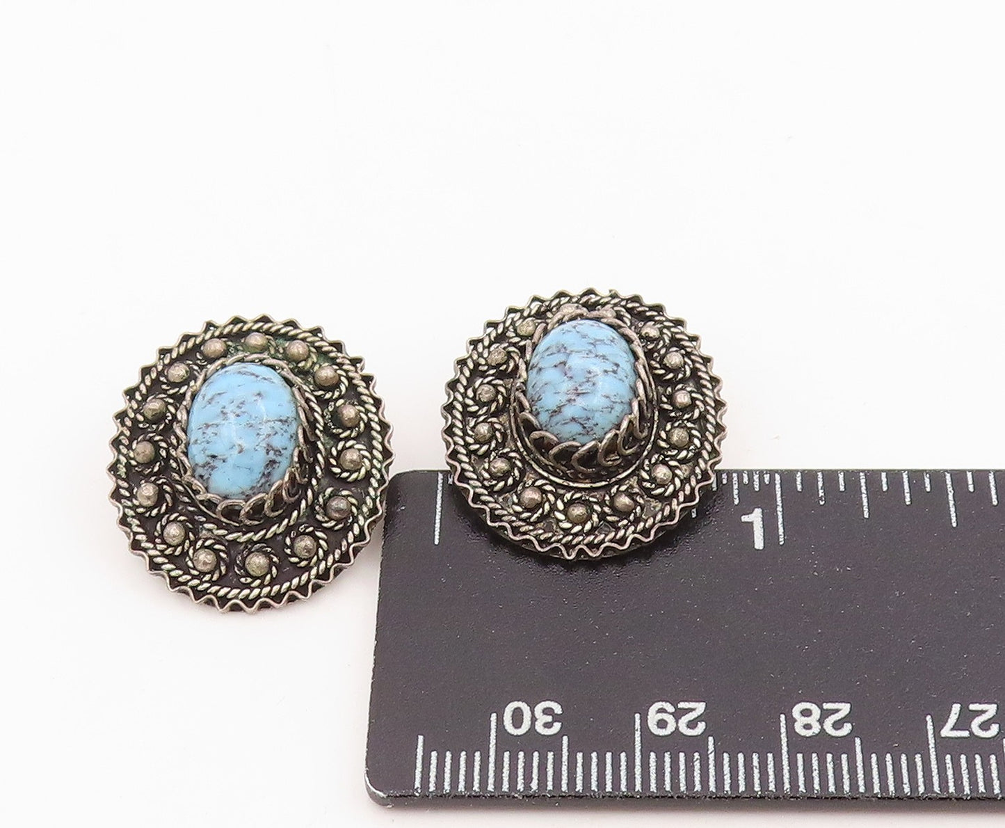 925 Sterling Silver Vintage Earrings Oval Turquoise Intricate Rope Edge  EG13994