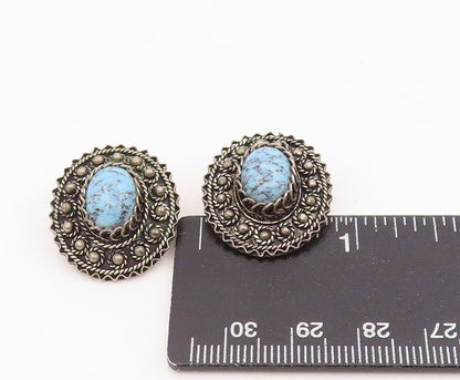 925 Sterling Silver Vintage Earrings Oval Turquoise Intricate Rope Edge  EG13994