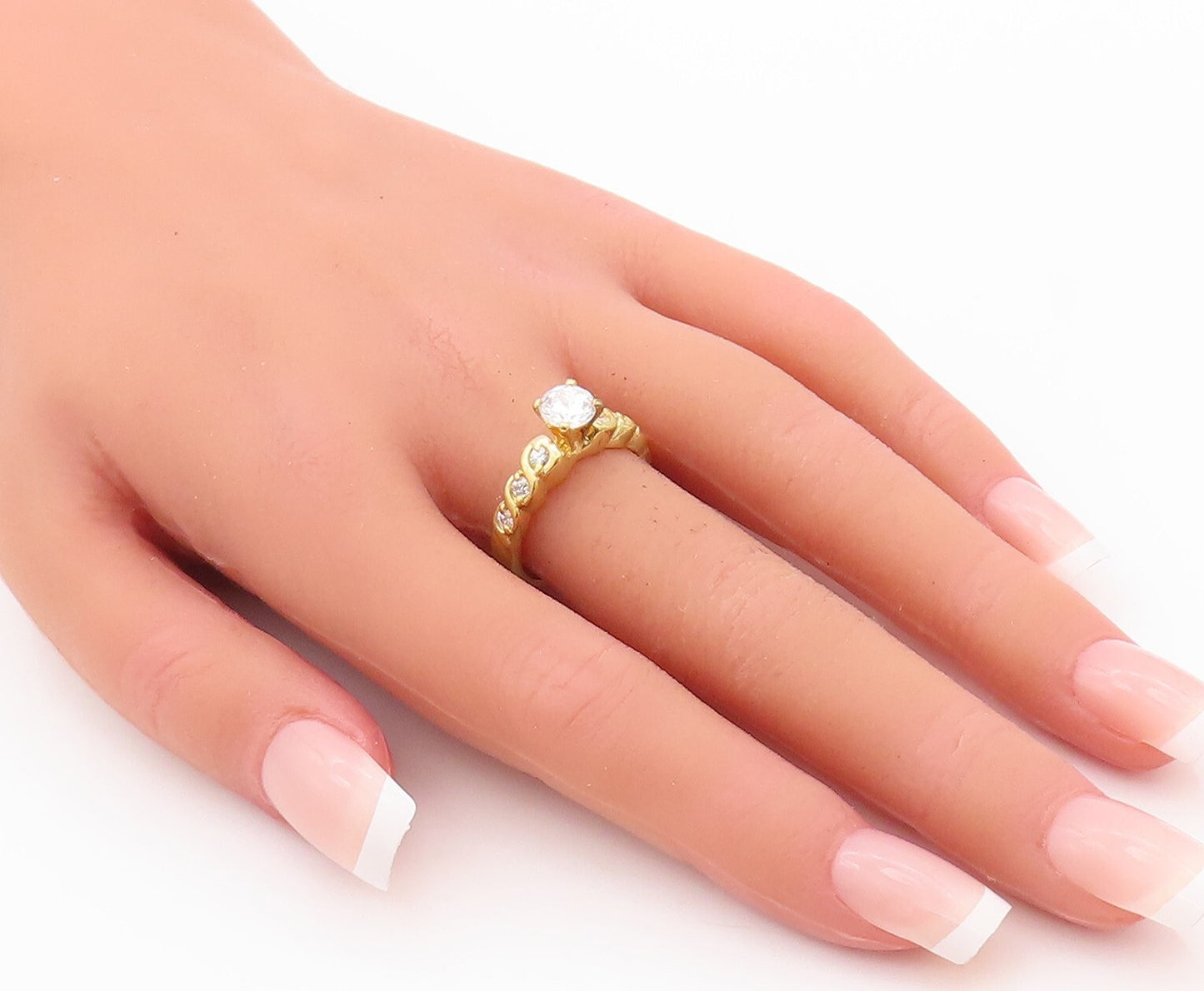 925 Sterling Silver Vintage Ring Gold Plated Carved Round CZ Inlay Sz 7  RG29925