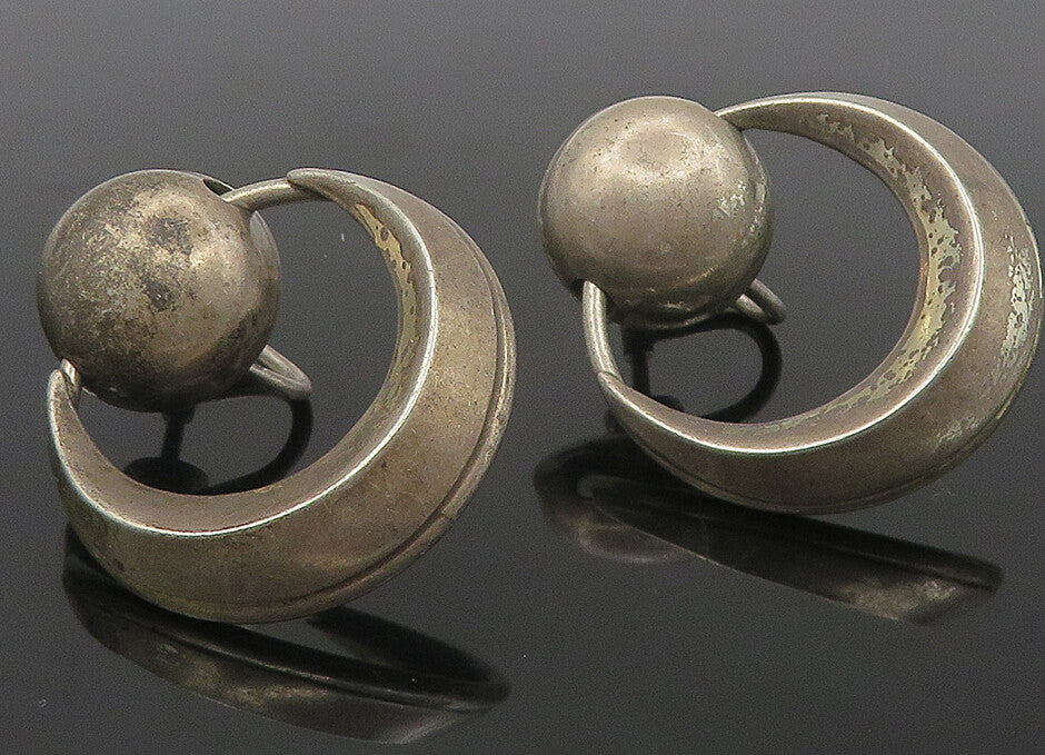 925 Sterling Silver  Vintage Dark Tone Round Non Pierce Drop Earrings  EG5972