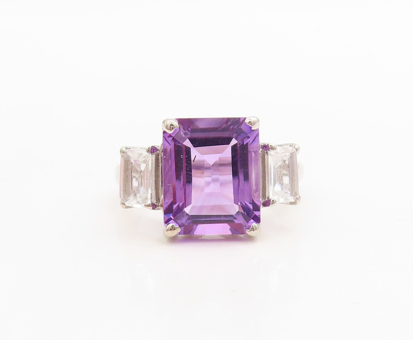 925 Sterling Silver Vintage Ring Rectangle Cut Amethyst & CZ  Sz 7  RG30555