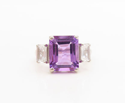 925 Sterling Silver Vintage Ring Rectangle Cut Amethyst & CZ  Sz 7  RG30555