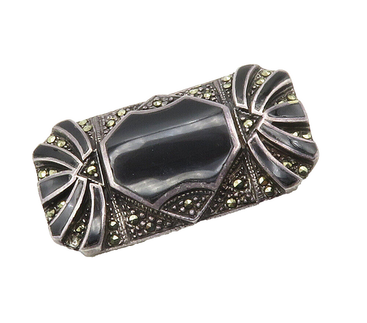 925 Sterling Silver  Vintage Inlaid Black Onyx & Marcasite Brooch Pin  BP5915