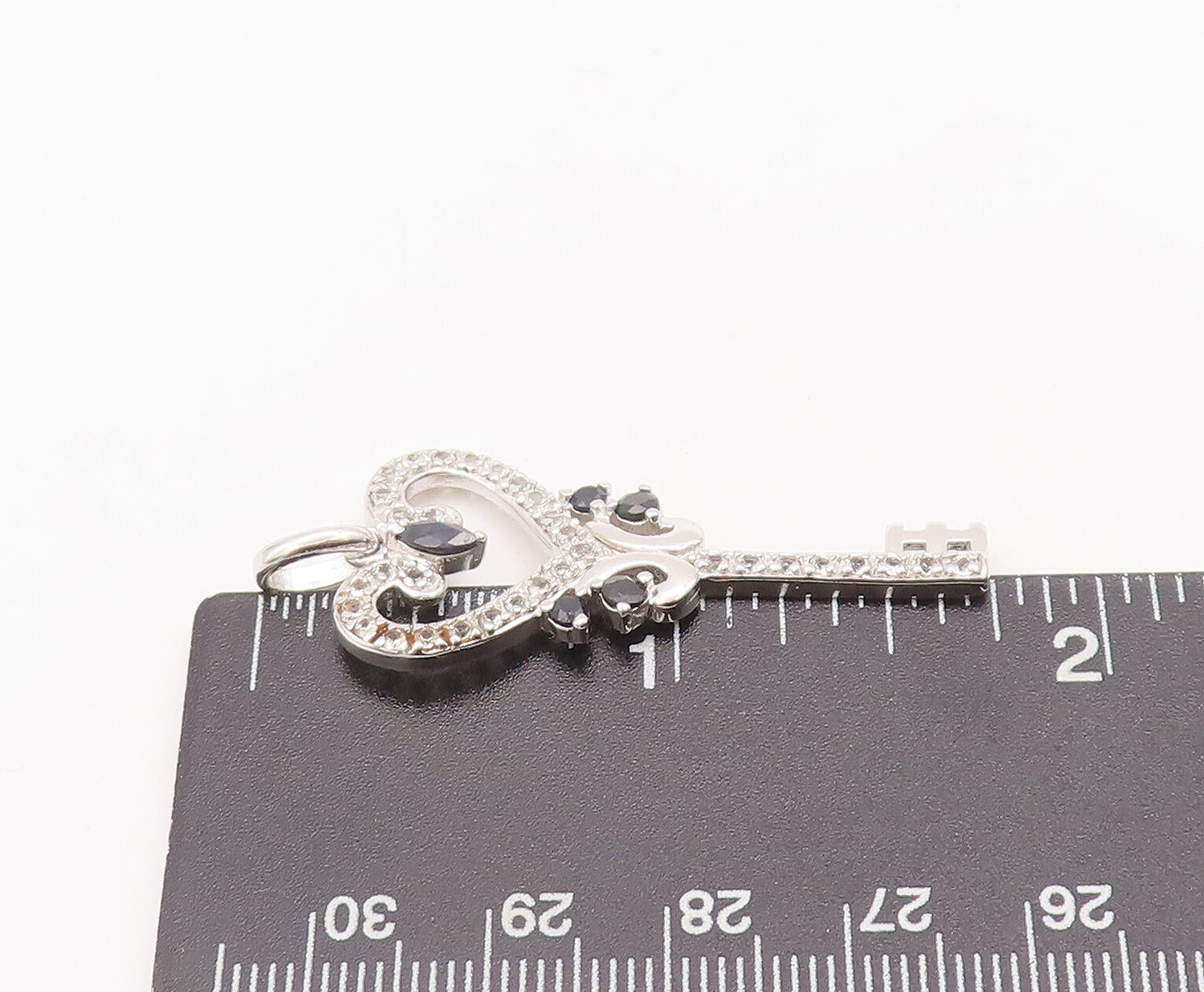 925 Sterling Silver Vintage Pendant Carved Topaz & Sapphire Inlay Key  PT22643