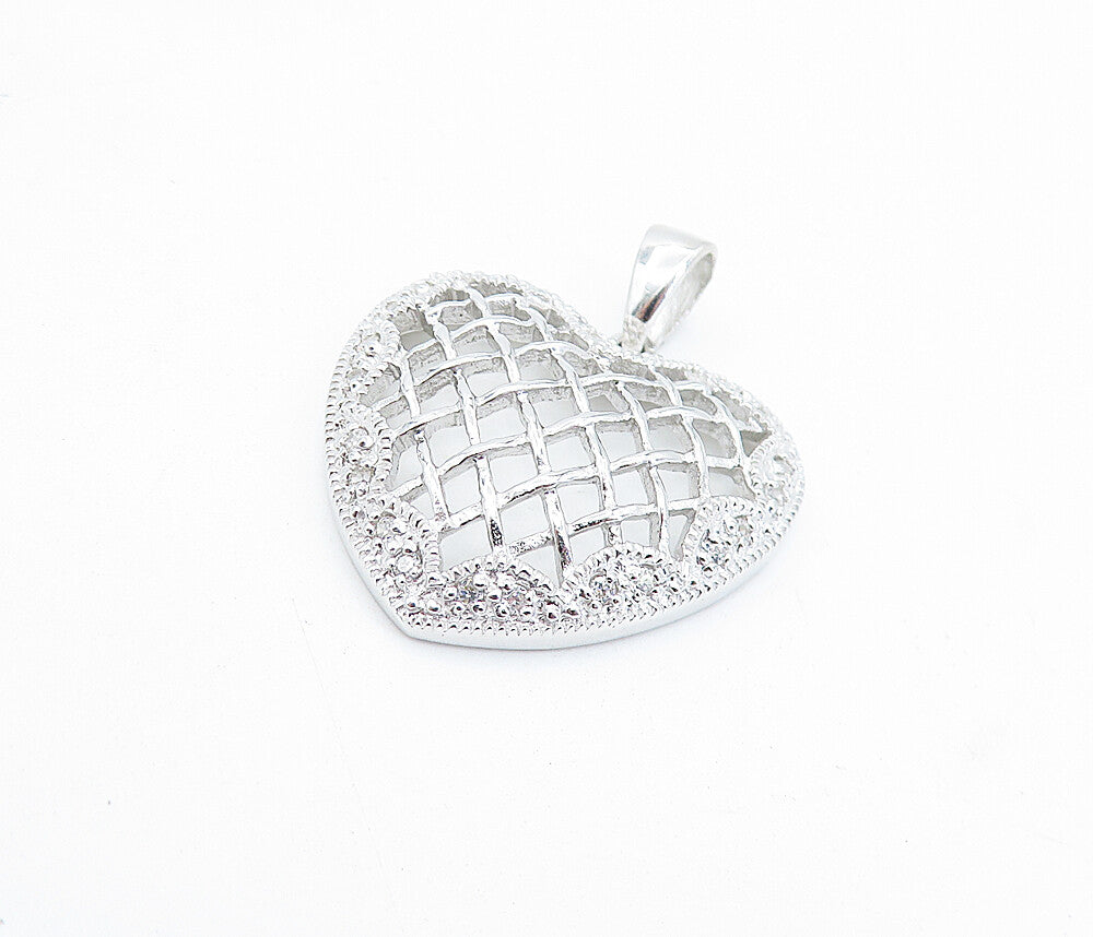 925 Sterling Silver  Sparkling Topaz Basket Weave Love Heart Pendant  PT5343