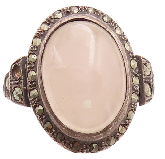 925 Sterling Silver Vintage Ring Antique Gemstone Halo Marcasite  Sz 4.5 RG31616