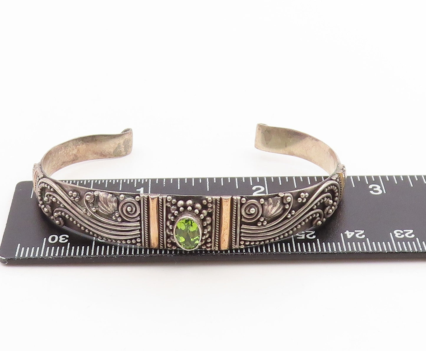 14k Gold & 925 Sterling Silver Vintage Bracelet Peridot Scrollwork Cuff  BT11995