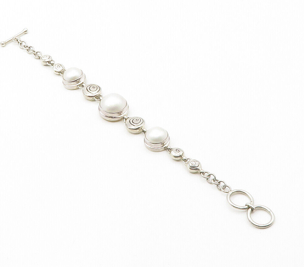 925 Sterling Silver  Vintage Pearl Domes Etched Link Chain Bracelet  BT5970