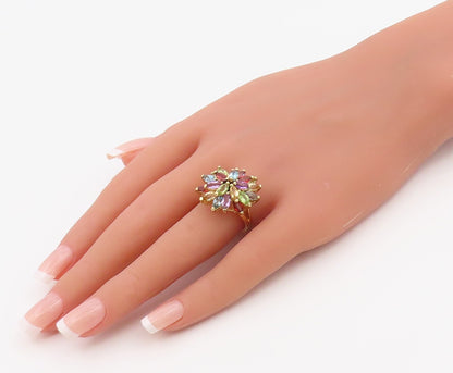 925 Sterling Silver Vintage Ring Gold Plated Multi Gemstone Flower Sz 7 RG36528