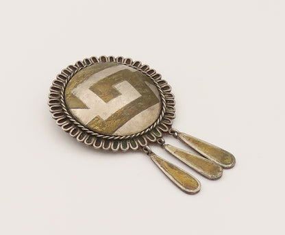 FEDERICO JIMENEZ 925 Silver  Vintage Two Tone Maze Dangle Brooch Pin  BP10278