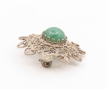 925 Sterling Silver  Vintage Green Onyx Floral Filigree Brooch Pin  BP9431