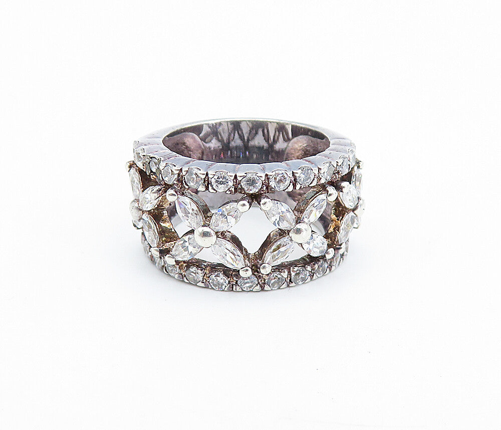925 Sterling Silver  Shiny Topaz Open Flower Pattern Band Ring Sz 5.5  RG7299