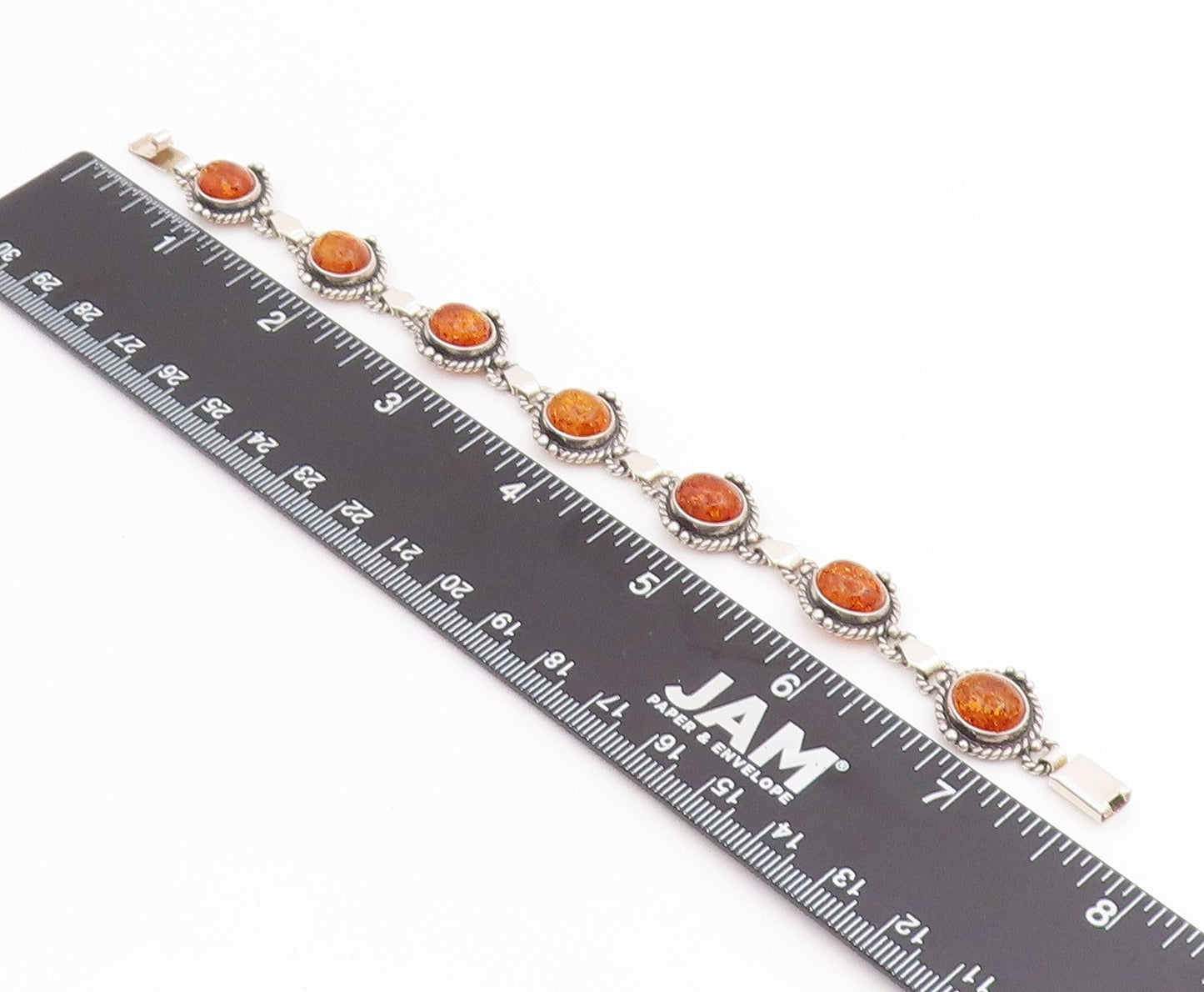 925 Sterling Silver Vintage Bracelet Cabochon Honey Amber Link Chain  BT11849
