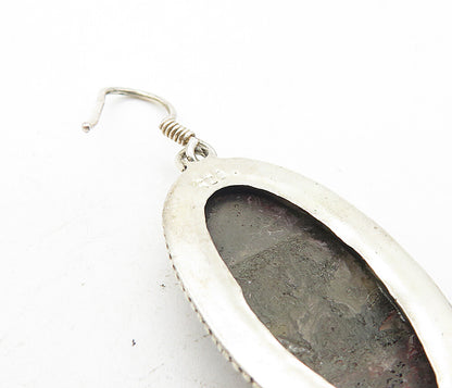 925 Sterling Silver  Vintage Agate Oval Twist Border Dangle Earrings  EG3895